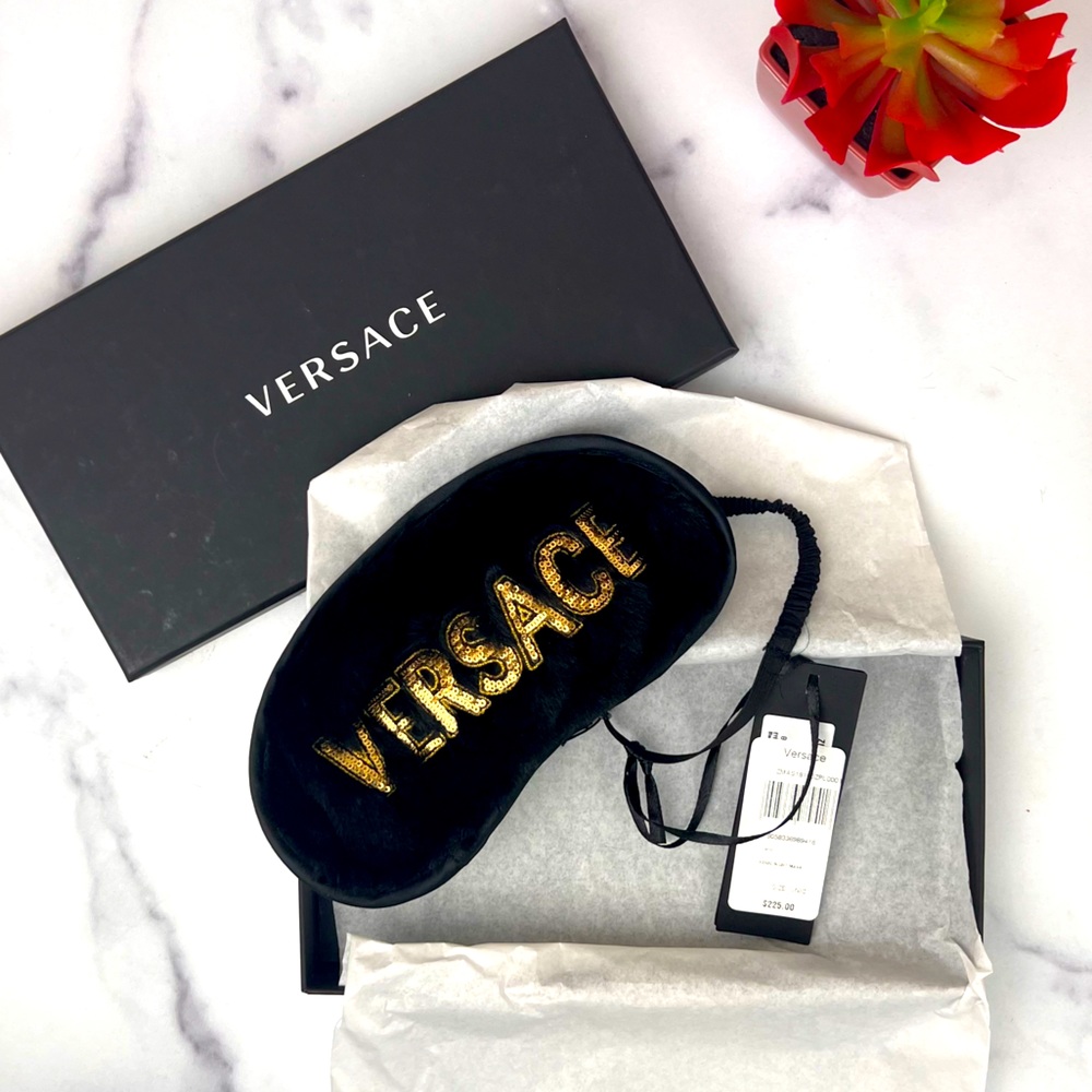 Versace Sequin-Embellished Logo Fluffy Sleep Mask - Black & Gold